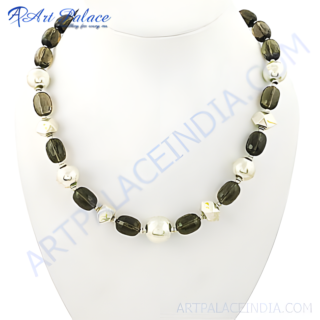 Smoky quartz and pearl bead necklace displayed on a white bust, showing a beautiful jewelry.