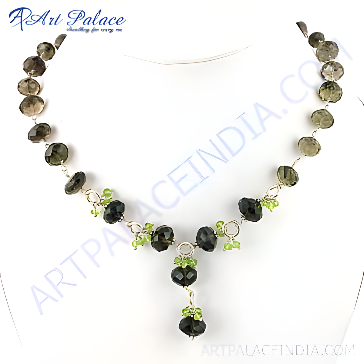 925 sterling silver necklace featuring smoky quartz and peridot gemstones in a unique design