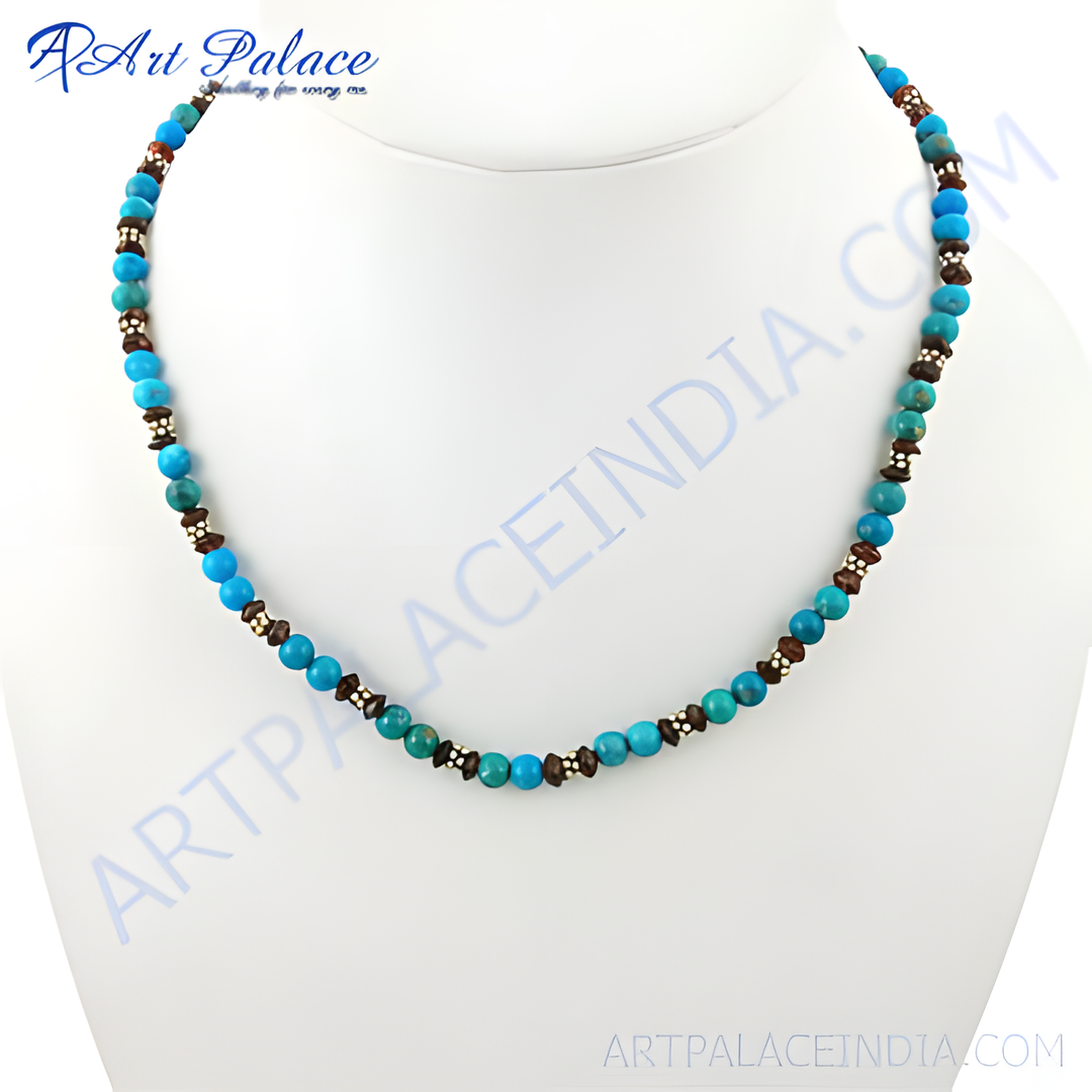Turquoise bead necklace displayed on a mannequin, featuring turquoise and brown beads with silver accents.