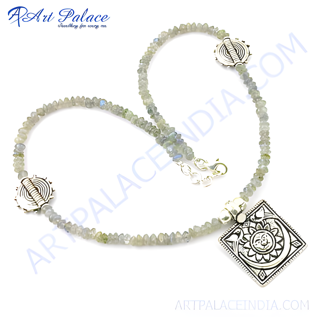 925 silver labradorite beaded necklace with intricate silver accents, and a silver clasp, a beautiful gray and silver necklace