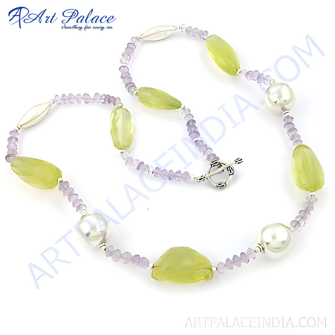 Elegant necklace featuring amethyst and lemon quartz gemstones connected with a silver chain.
