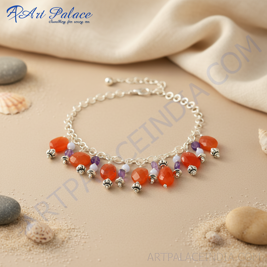 Silver Gemstone Necklace | Orange Carnelian & Amethyst Jewelry