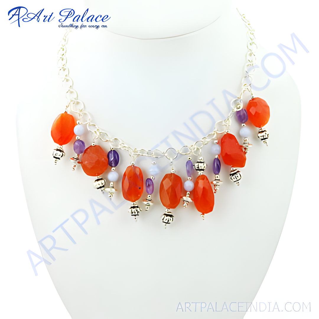 Sterling silver chain necklace with orange carnelian and purple amethyst gemstones on a white bust.