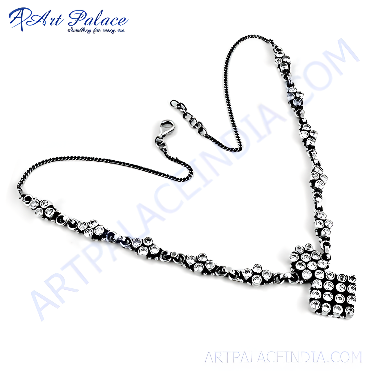 Oxidized silver crystal necklace with clear gemstones, perfect for women, a beautiful piece