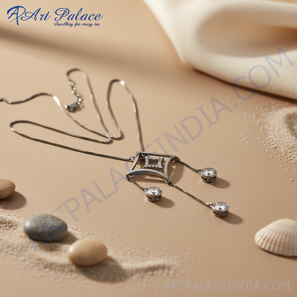 Silver Geometric Pendant Necklace with Crystals | For Women