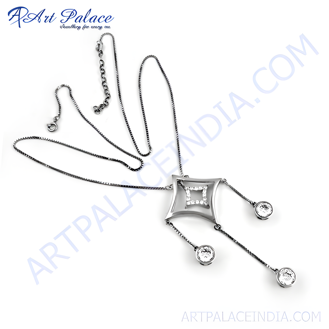 Silver pendant necklace with geometric design and crystal accents on a white background.