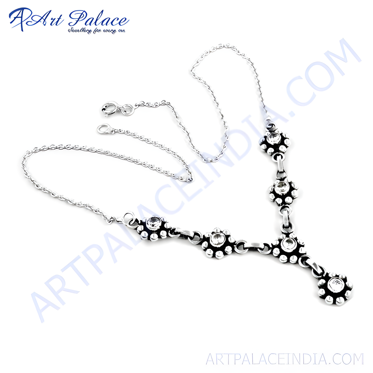 Sterling silver floral necklace with clear gemstones, a beautiful and elegant piece of jewelry for women