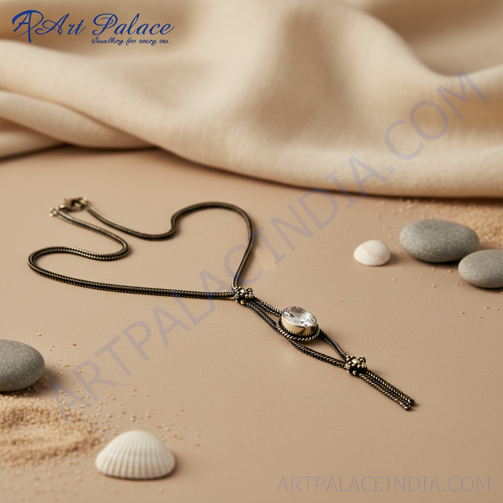 Oxidized silver necklace with clear stone | women's jewelry