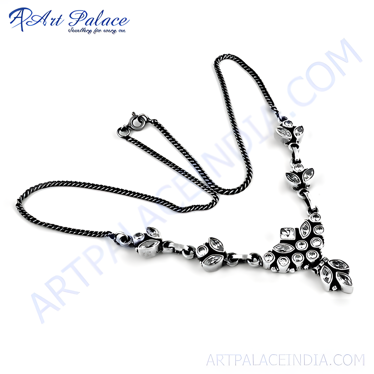 Sterling silver floral necklace with sparkling cubic zirconia stones on a white background, perfect for a gift