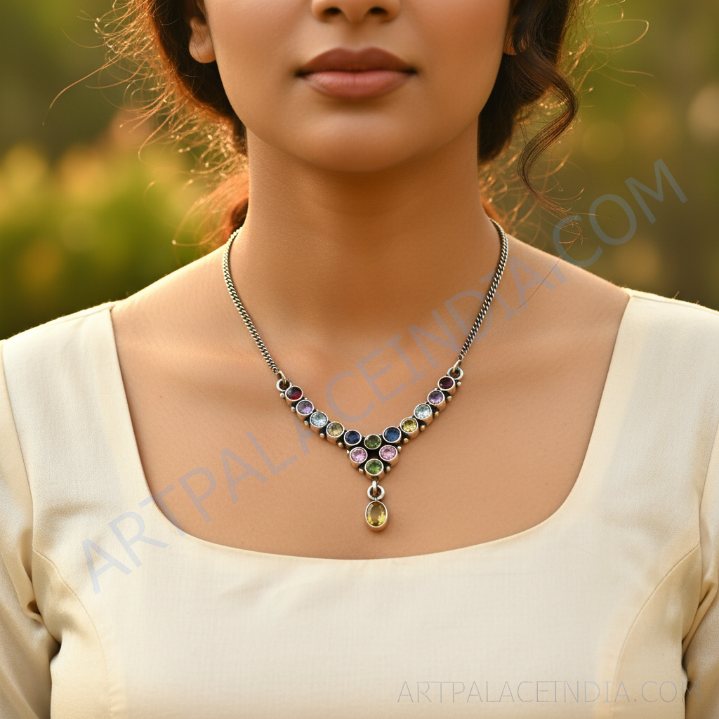 925 Silver Gemstone Necklace for Women | Colorful Stone Jewelry