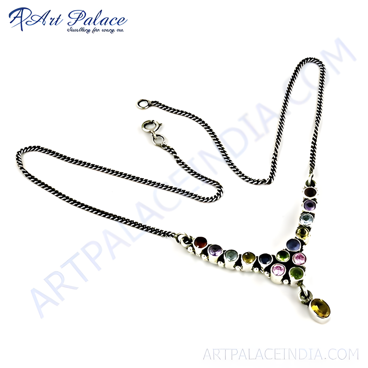 925 sterling silver necklace featuring an array of colorful gemstones