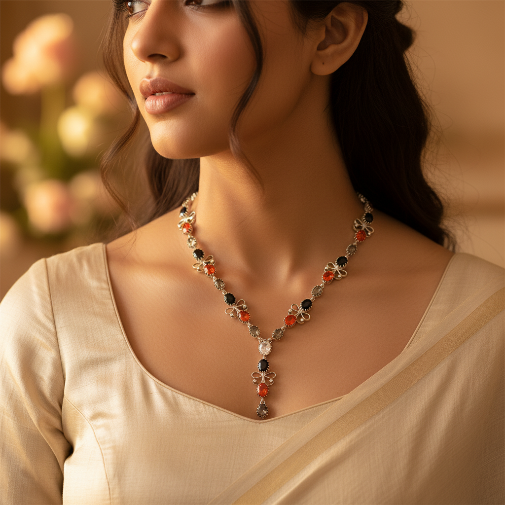 Silver Gemstone Flower Necklace for Women | Fashion Jewelry