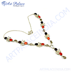 Load image into Gallery viewer, Silver gemstone flower pendant necklace with red, black, and grey gemstones.
