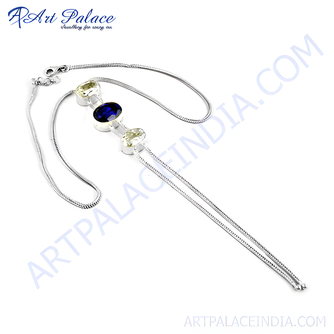 925 sterling silver drop pendant necklace with blue and yellow gemstones