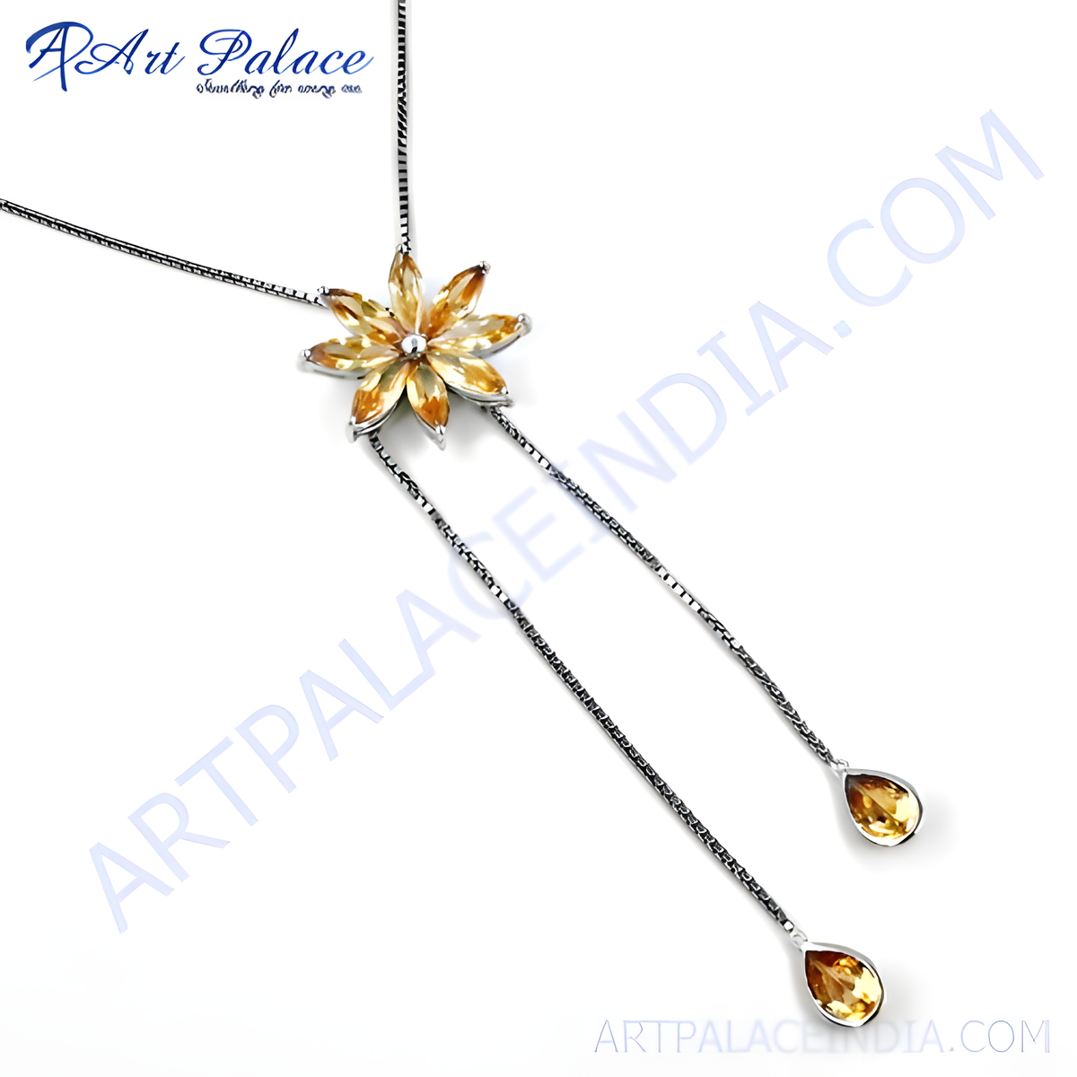 925 sterling silver citrine flower pendant necklace with yellow gemstones and a delicate chain