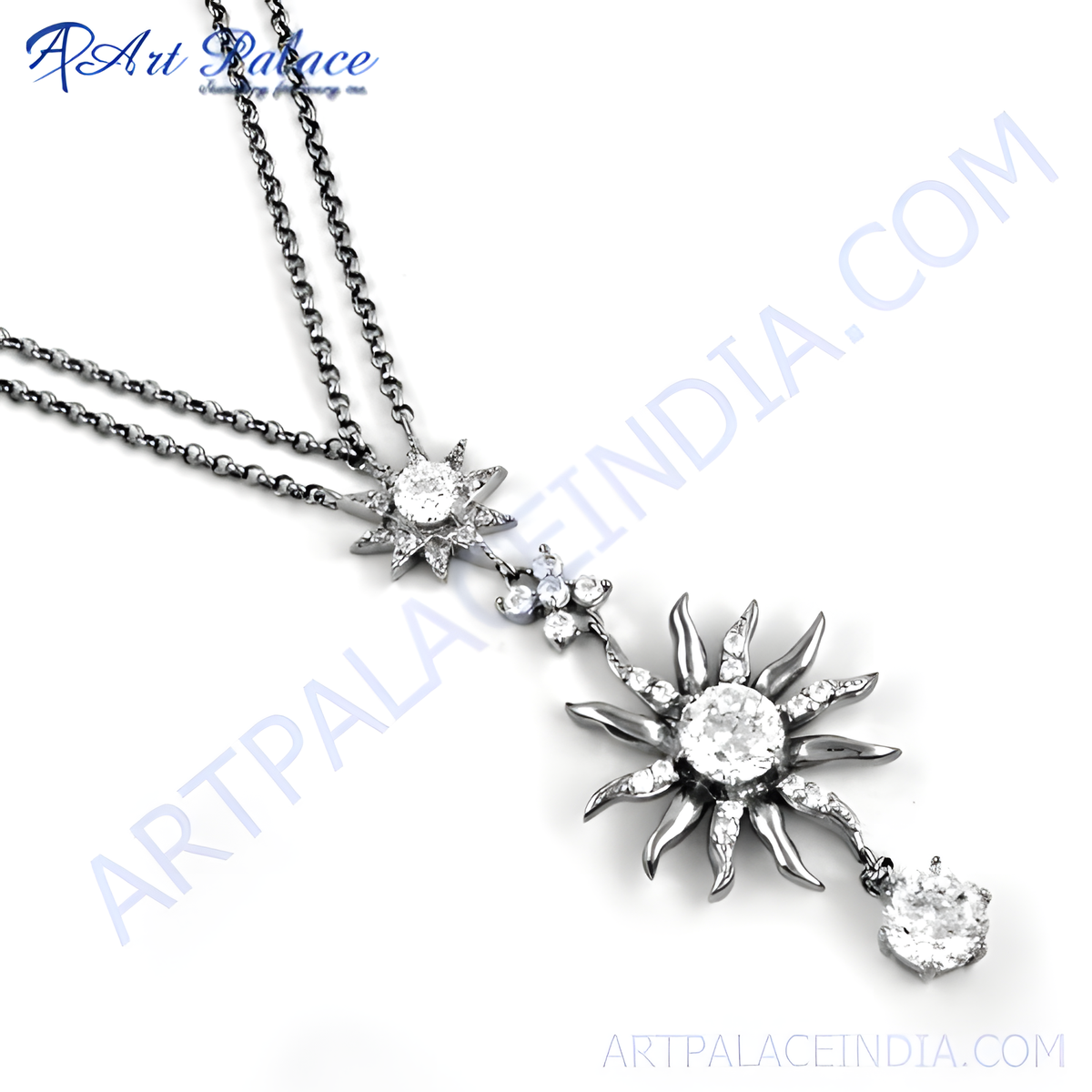 Sterling silver sunburst pendant necklace with sparkling cubic zirconia stones