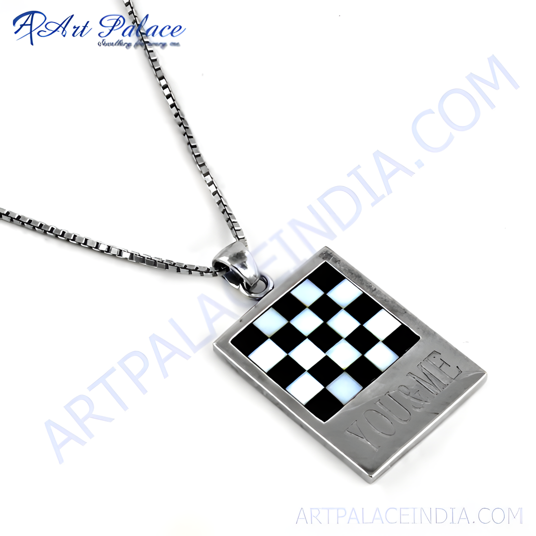 925 silver checkered pendant necklace with mother of pearl and black onyx inlay