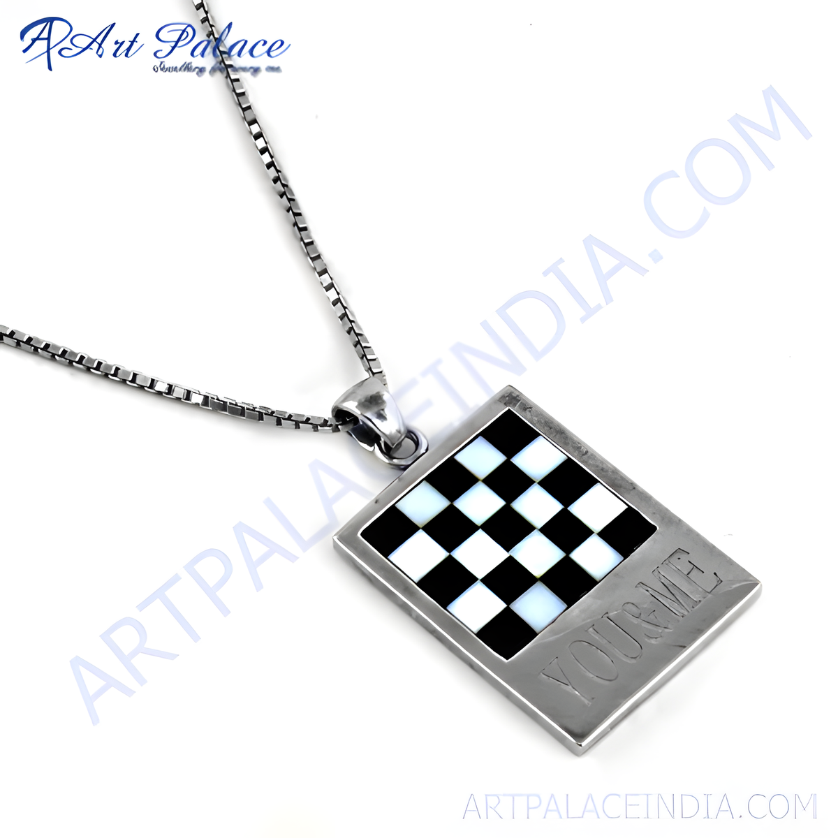 925 silver checkered pendant necklace with mother of pearl and black onyx inlay