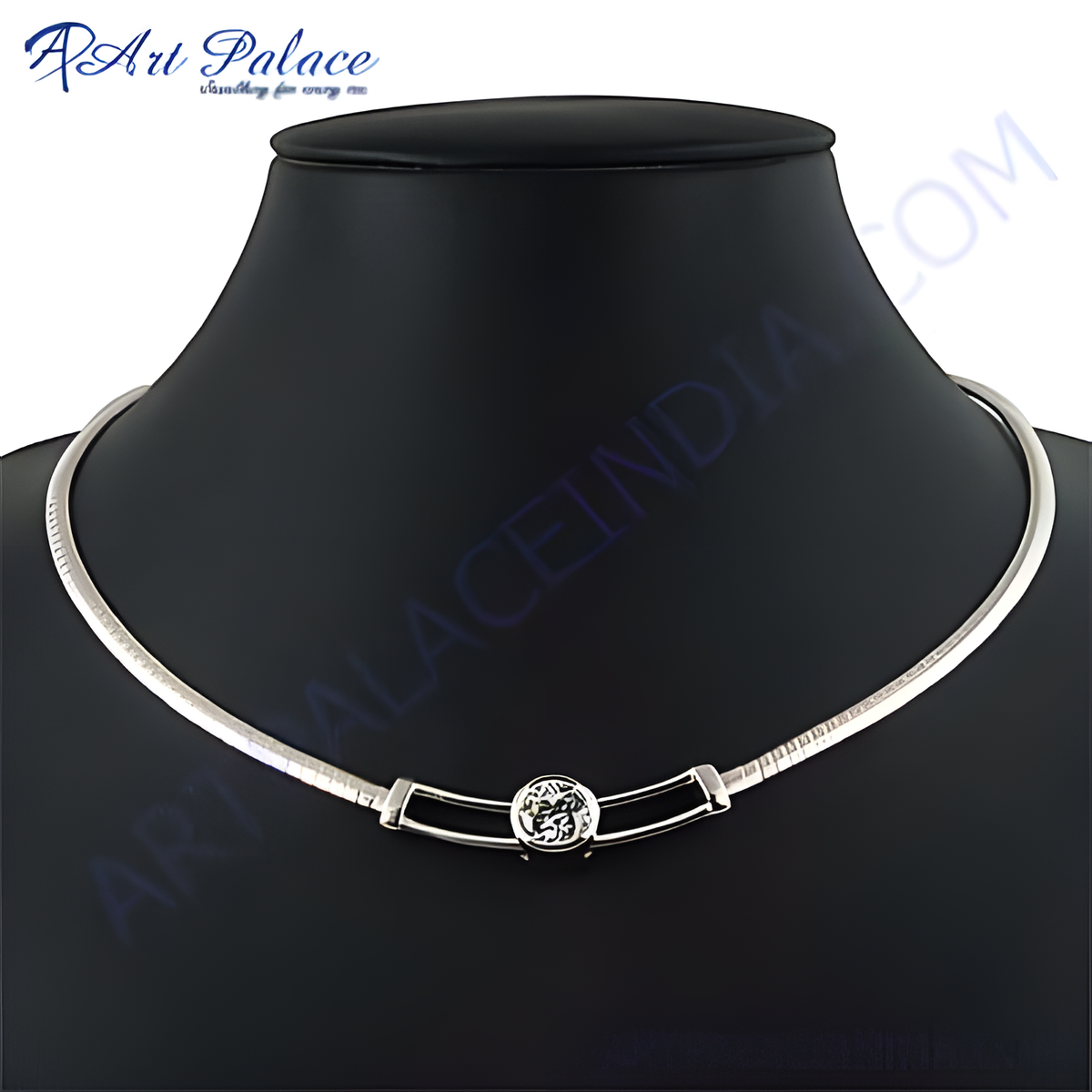 Sterling silver collar necklace on a black mannequin, featuring a central design