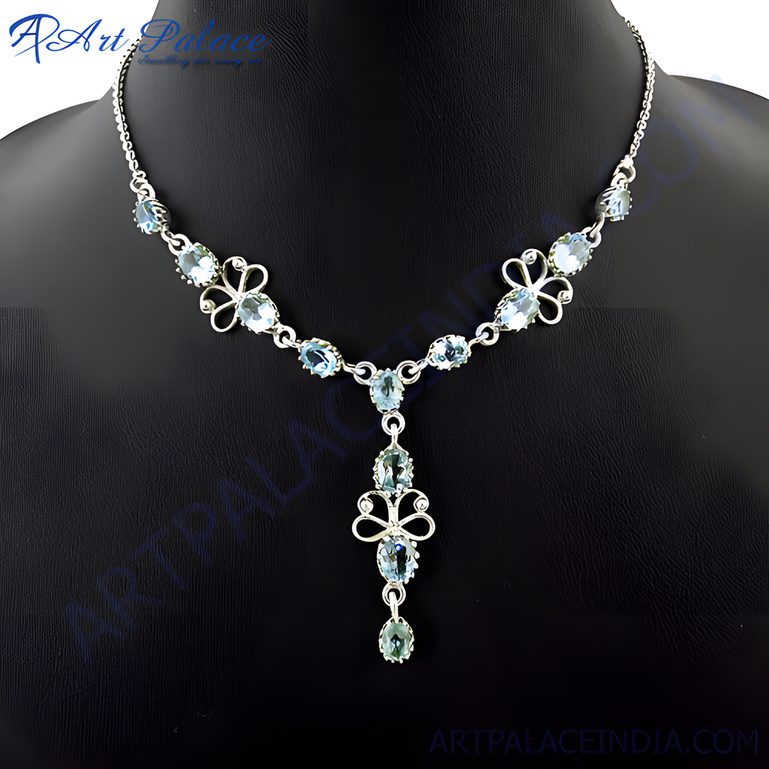 925 sterling silver necklace featuring oval-cut blue topaz gemstones set in a floral design, perfect for women.