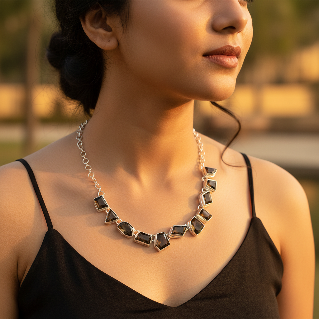 Silver Geometric Onyx Necklace for Women | Statement Jewelry