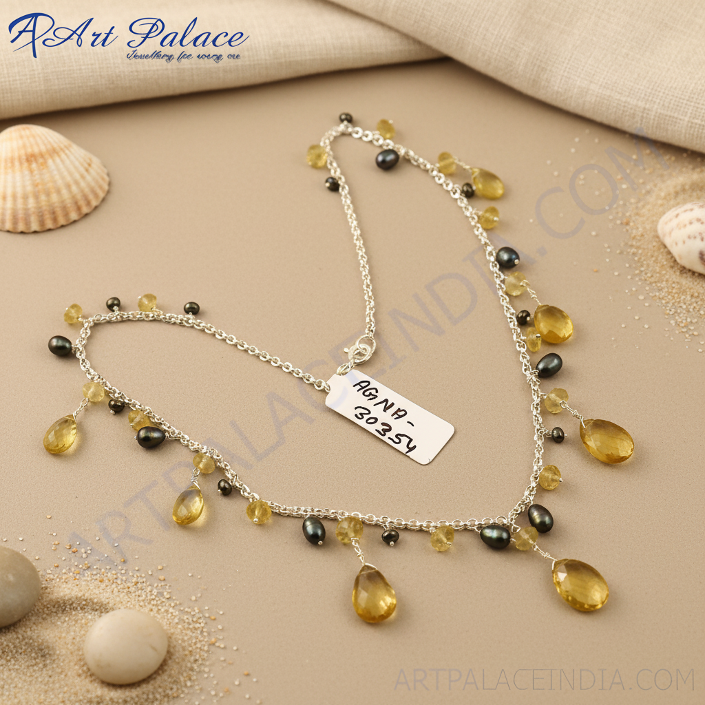 Silver Citrine & Pearl Necklace | Citrine Dangle Necklace for Women