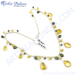 Load image into Gallery viewer, Sterling silver chain necklace with yellow citrine drops and dark pearl accents, elegant and sophisticated.

