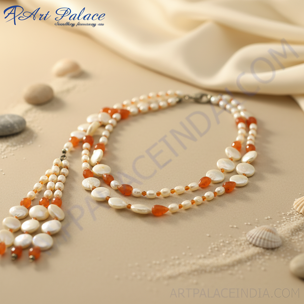 Multi strand pearl & carnelian bead necklace | statement jewelry