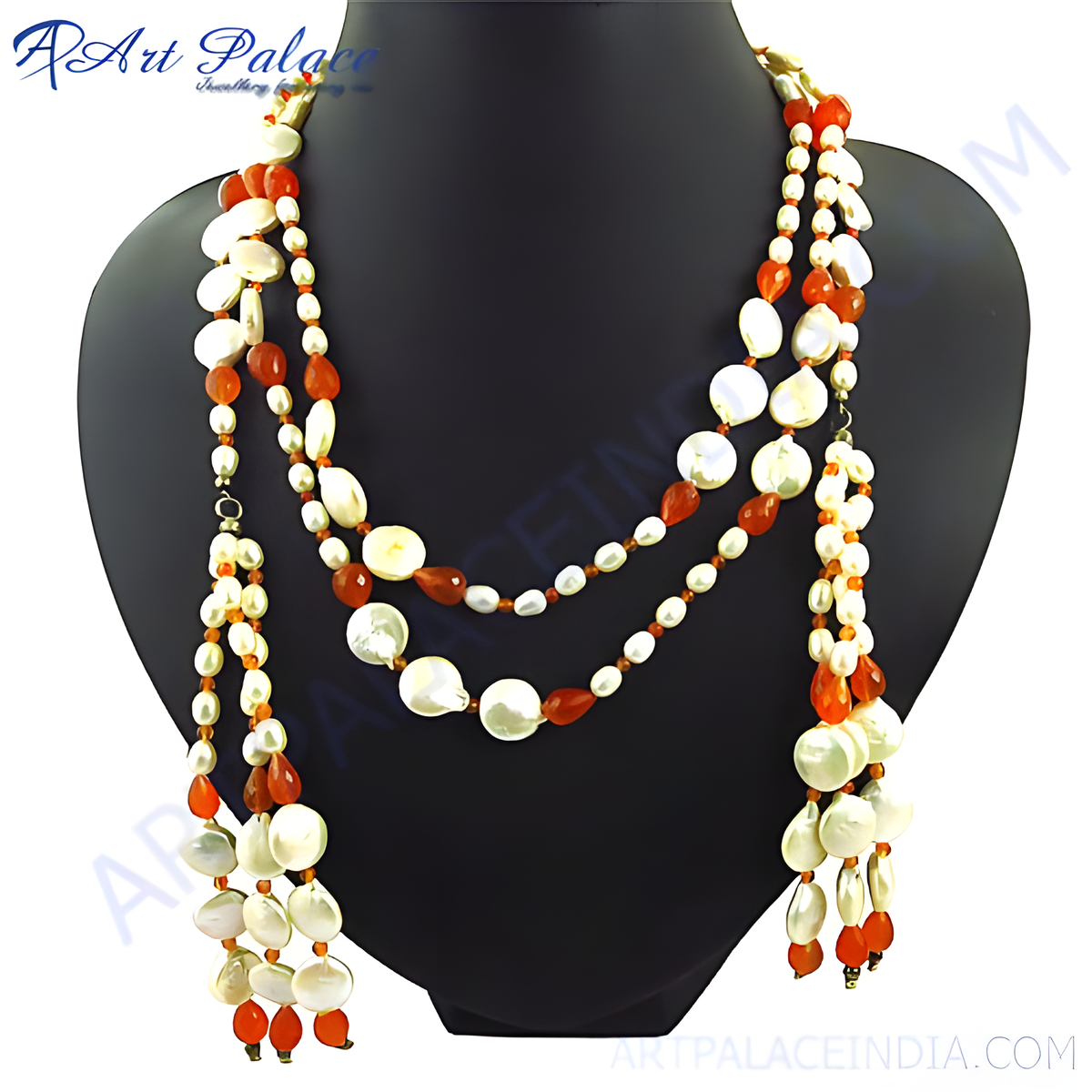 Multi strand necklace featuring white pearls and orange carnelian beads, perfect for women's fashion