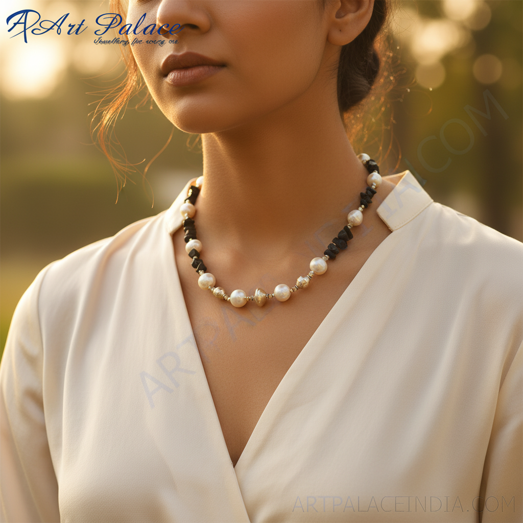 Pearl & Black Stone Necklace for Women | Fashion Jewelry