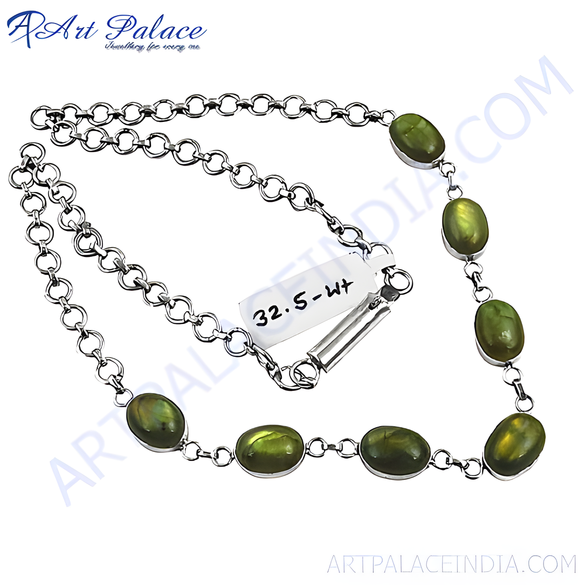 Sterling silver chain necklace with oval green labradorite gemstones