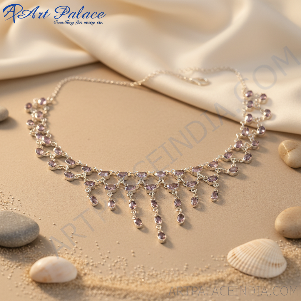 Silver Beaded Necklace | Brown Gemstone Jewelry for Women