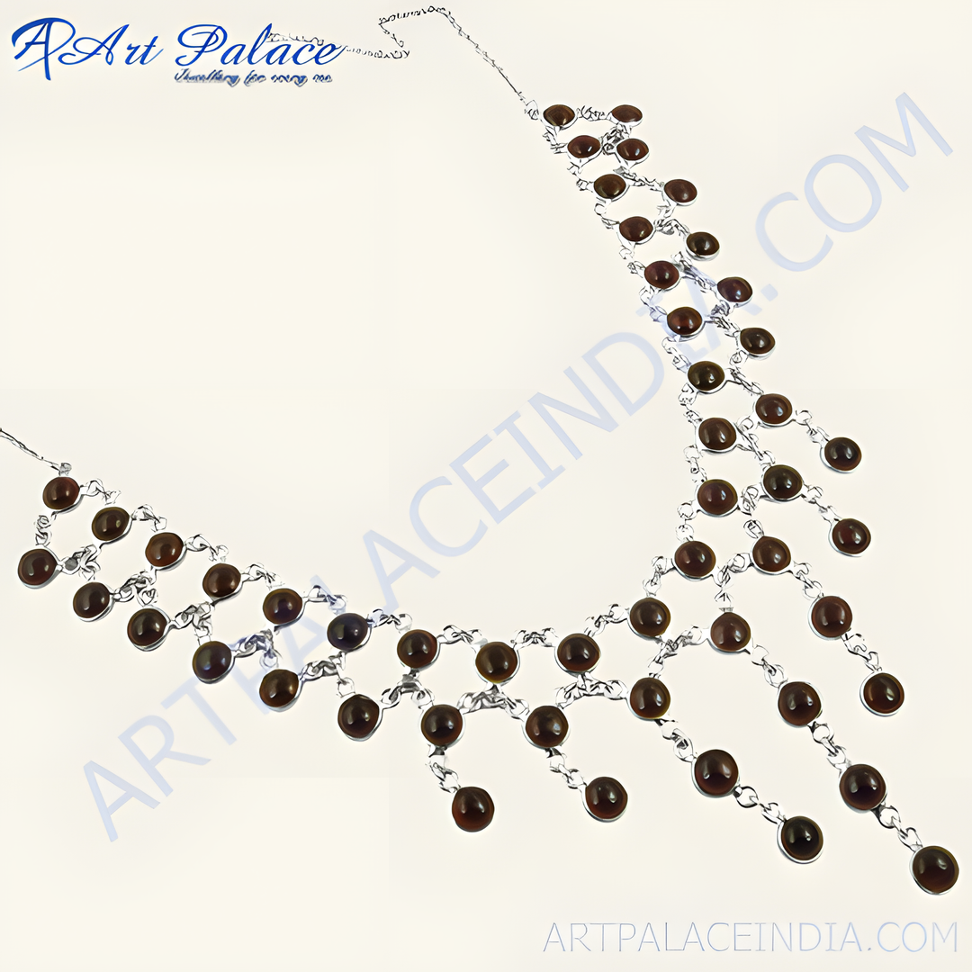 Silver necklace with brown gemstones, perfect for women's fashion and daily wear.