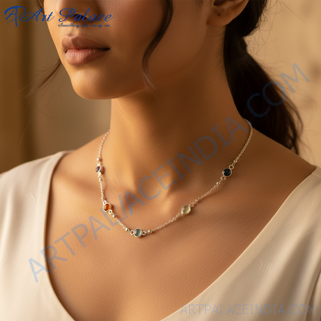 925 Silver Gemstone Station Necklace | Women's Daily Wear Jewelry