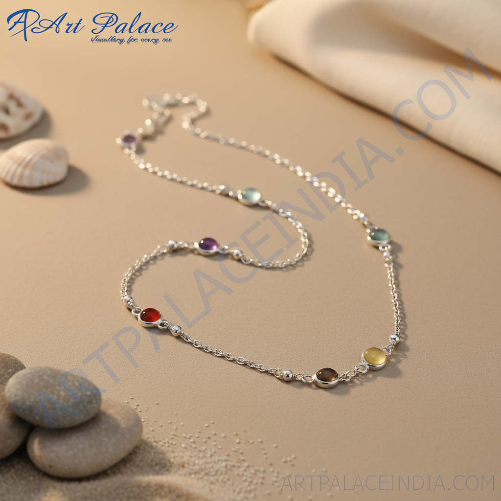 925 Silver Gemstone Station Necklace | Women's Daily Wear Jewelry