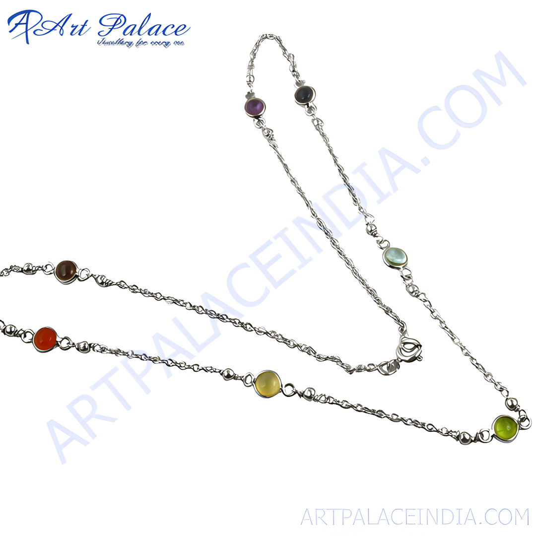 Sterling silver station necklace featuring a series of colorful gemstones set along a delicate chain.