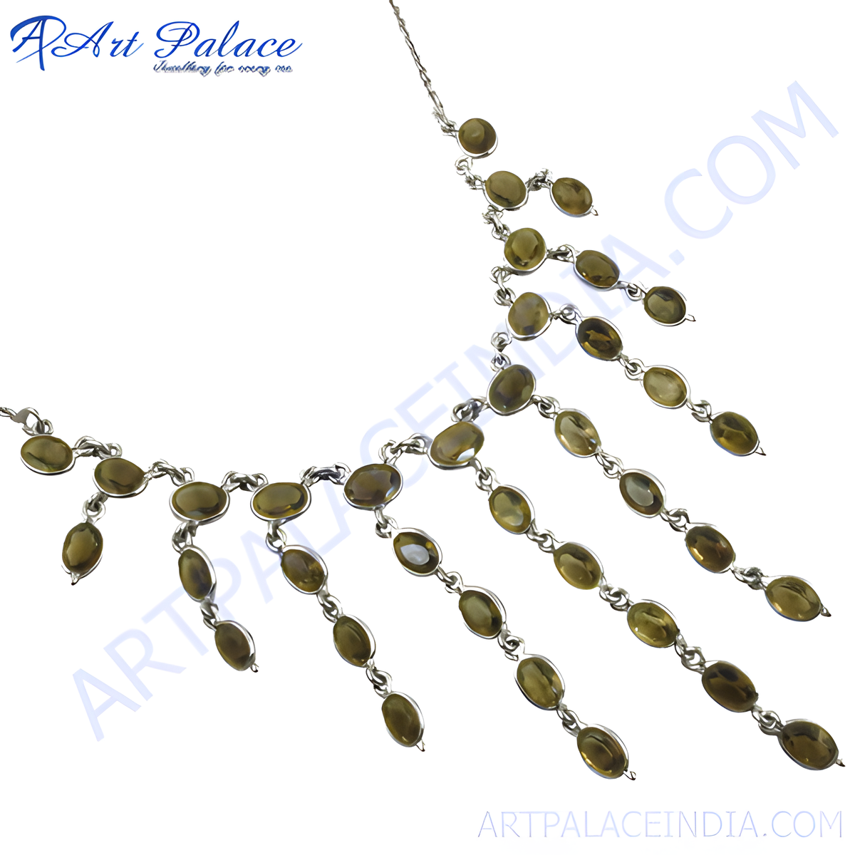 Sterling silver statement necklace with olive green gemstones on a white background