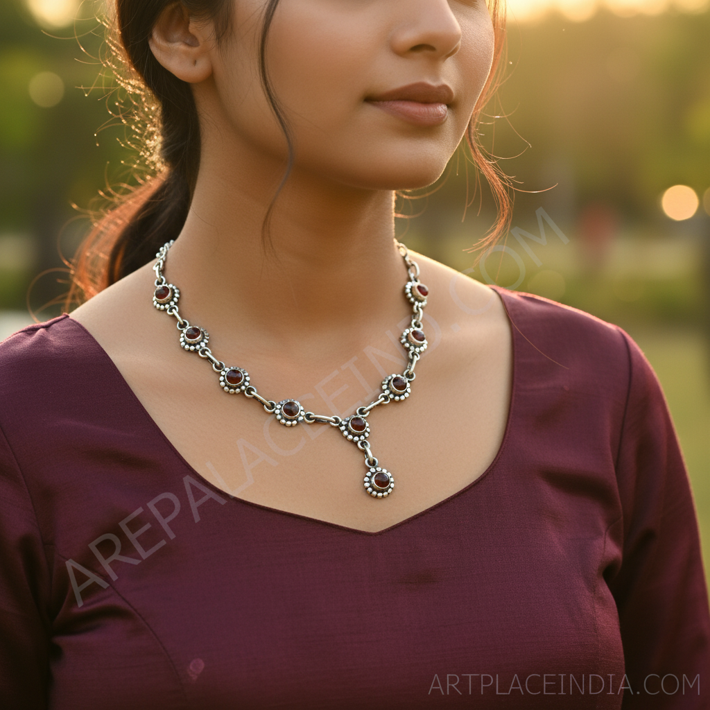 925 Sterling Silver Garnet Necklace for Women | Daily Wear