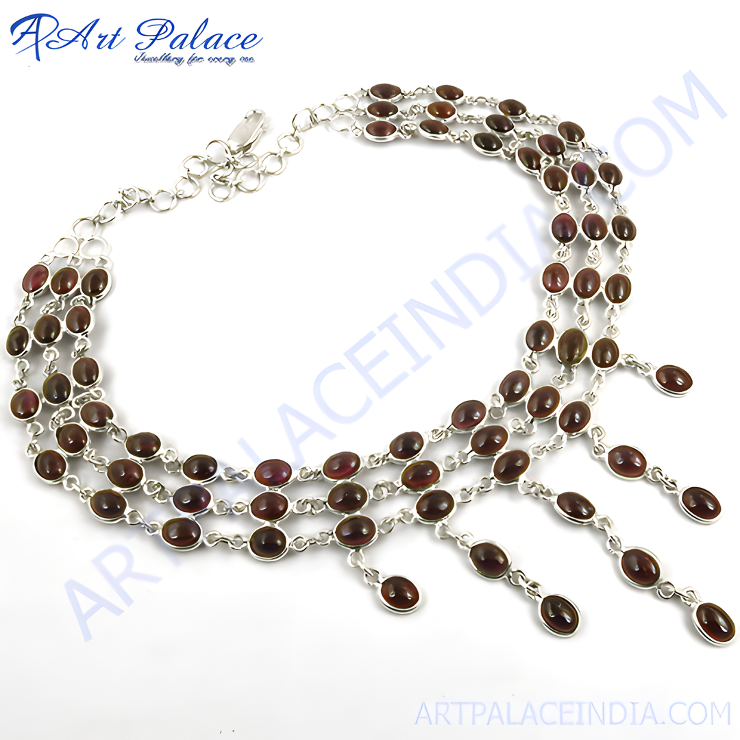 925 sterling silver layered choker necklace with oval-cut garnet gemstones.