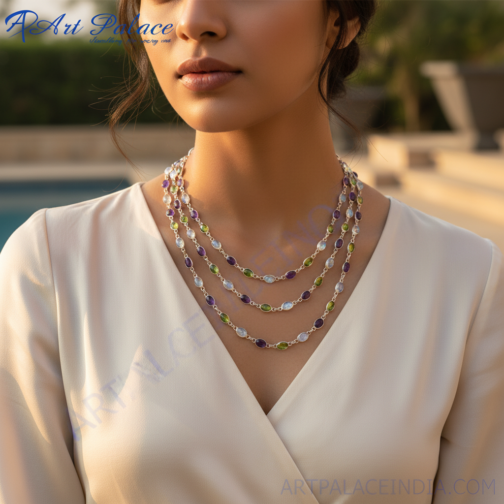 925 silver multi gemstone layered necklace for women | gift jewelry