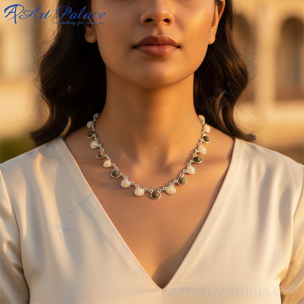 Silver bezel set gemstone necklace | women's daily wear jewelry