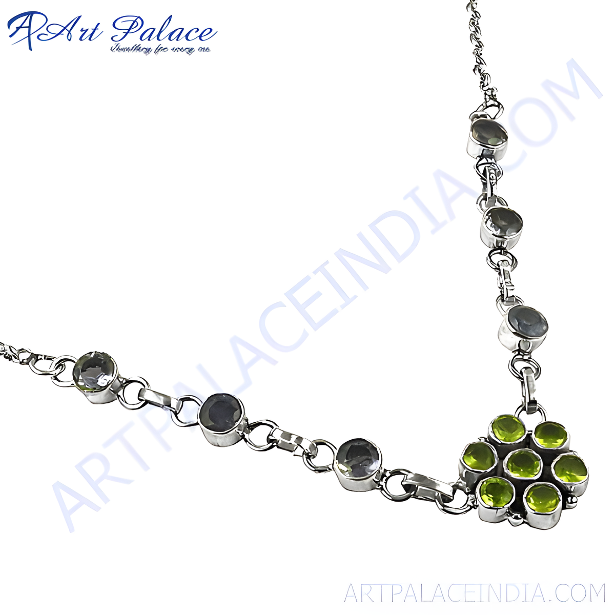 925 sterling silver necklace featuring peridot and grey gemstones, perfect for women's jewelry