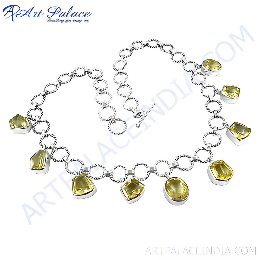 925 sterling silver necklace with yellow citrine gemstones, featuring unique cuts and a secure clasp.