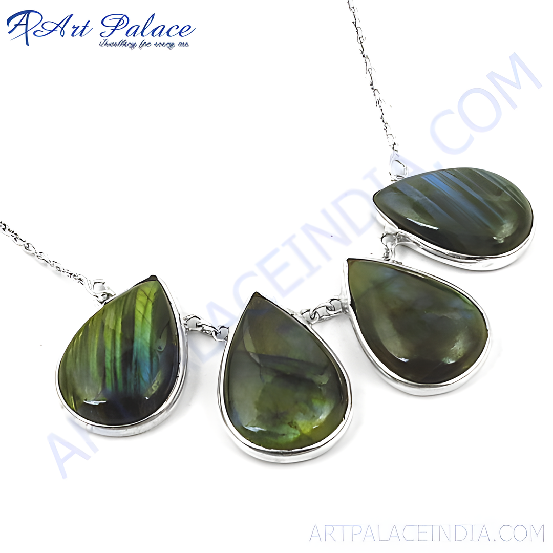 925 sterling silver teardrop labradorite pendant necklace with green and blue gemstone.