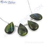 Load image into Gallery viewer, 925 sterling silver teardrop labradorite pendant necklace with green and blue gemstone.
