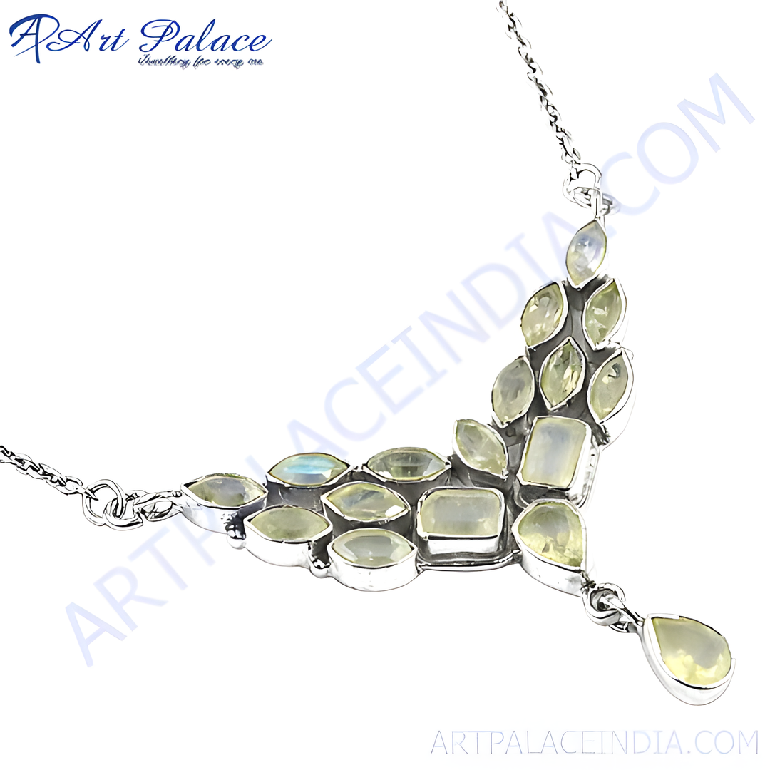 925 sterling silver necklace featuring array of light green gemstones set in a unique pendant design.