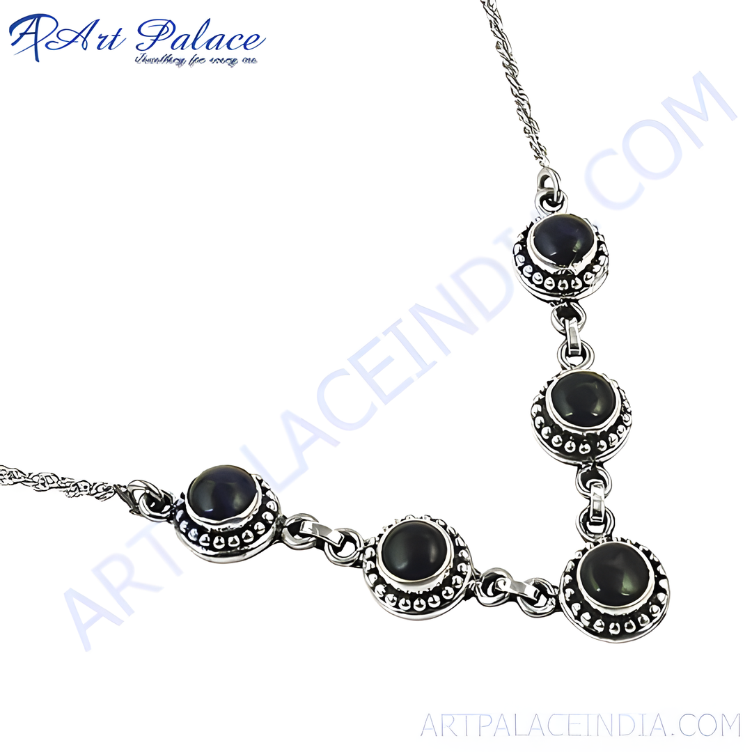 925 sterling silver necklace featuring round black onyx gemstones, a classic design for women.