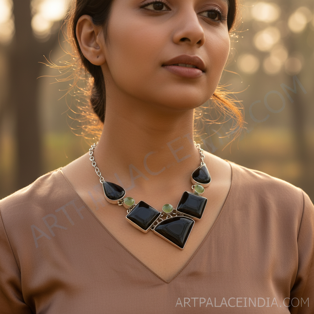 925 Silver Onyx & Peridot Necklace for Women | Statement Jewelry