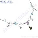 Load image into Gallery viewer, Sterling silver necklace with various colorful gemstones. Features blue, pink, and green stones.
