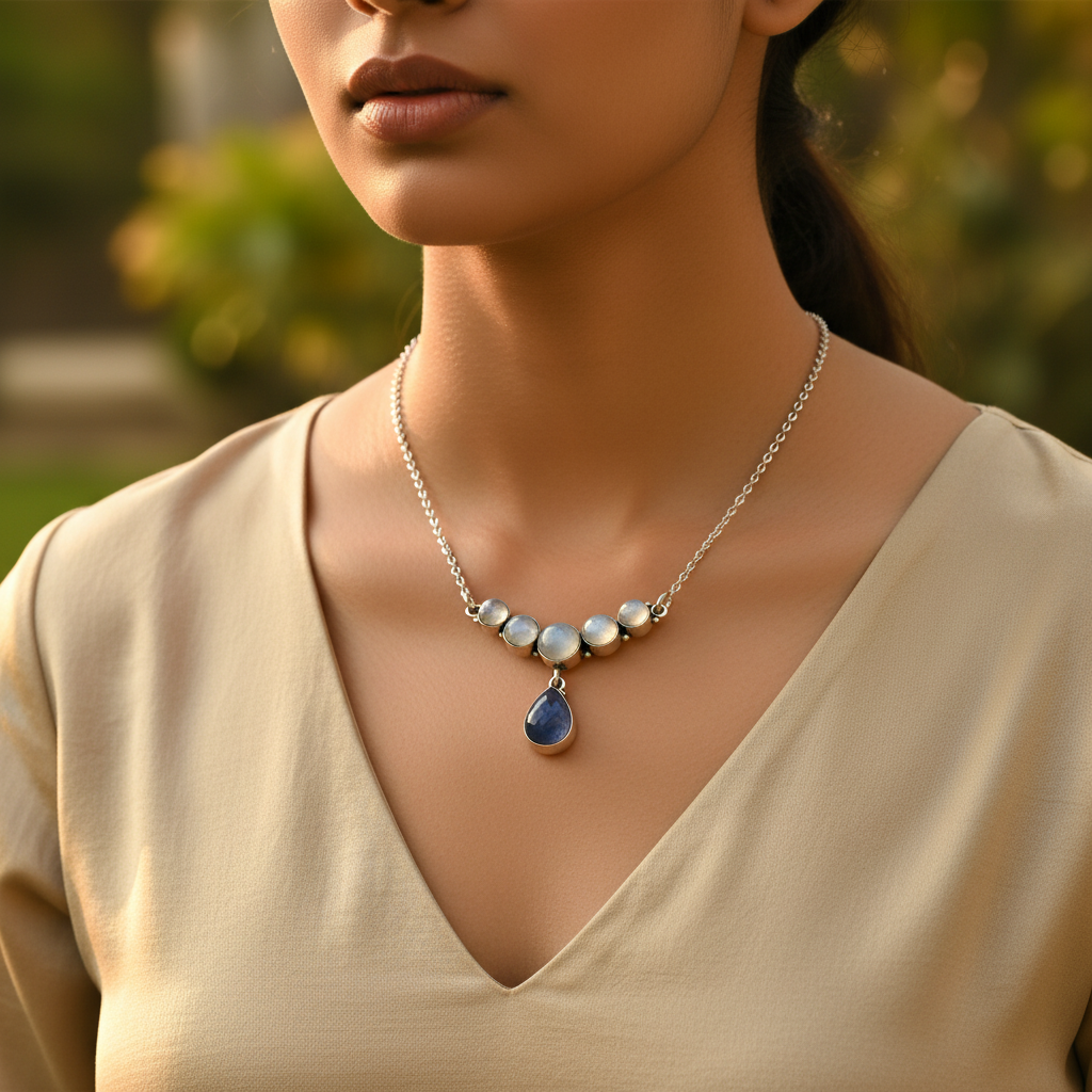 925 Silver Moonstone & Blue Gemstone Necklace for Women